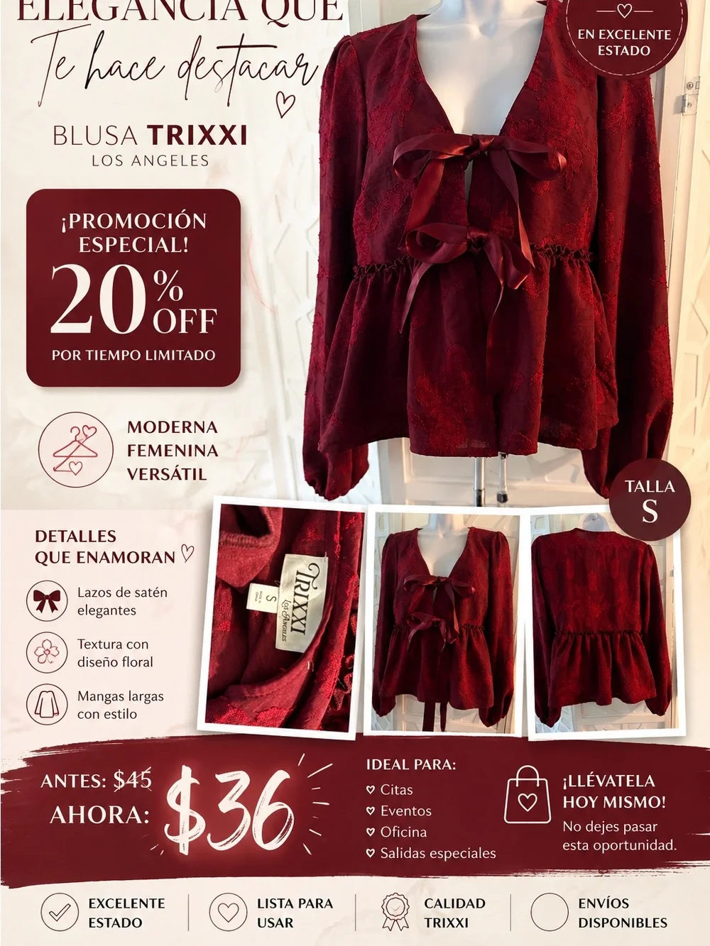 Trixxi Satin-Tie Peplum Blouse in Deep Burgundy